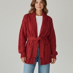 Carraig donn Women’s Ireland Merino Wool Red Cable Knit Cardigan  Sweater